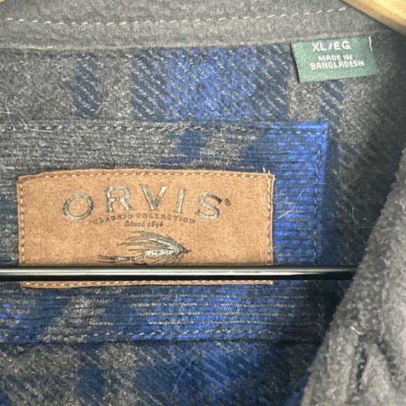 Orvis Flannel Shirt XL shacket Blue Black Plaid Button Up Pockets heavy Workwear - Picture 5 of 7